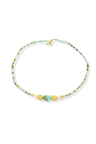 Necklace with multicolored beads on a white background