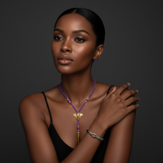 Woman wearing a necklace and bracelet on a dark background