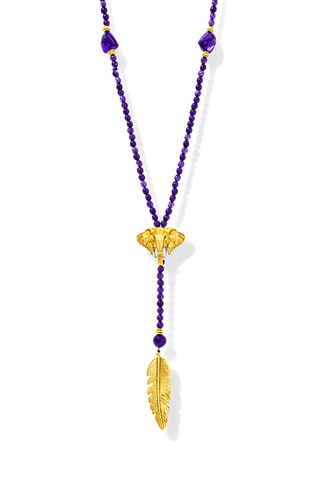 Amethyst gemstone rosary necklace with gold elephant pendant by Amanda Marcucci