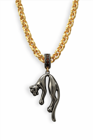 Black panther animal charm jewellery in blackened metal with polished finish
