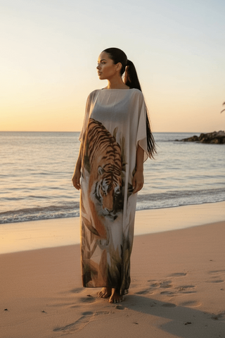 Cream tiger print luxury resort wear garment – Amanda Marcucci