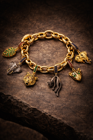 Gold panther charm with emerald green gemstone eyes and black enamel handcrafted in Italy