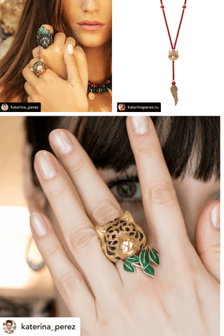 Jewelry collage featuring rings, a necklace, and a ring with a leaf design.