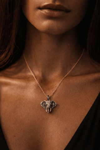 Silver elephant pendant necklace on gold chain by Amanda Marcucci