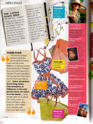 Magazine page with fashion items, text, and images of people.