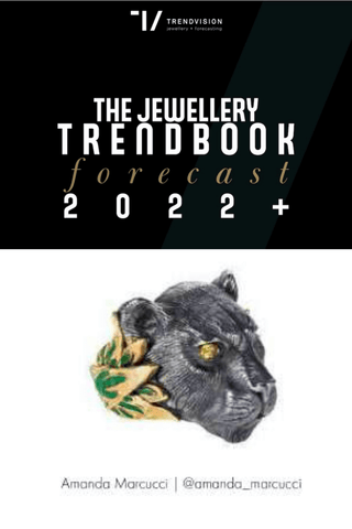 Cover of 'The Jewellery Trendbook forecast 2022+' with a panther head design and TrendVision branding.