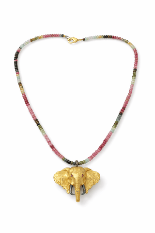 Tourmaline beaded necklace with Gold elephant pendant