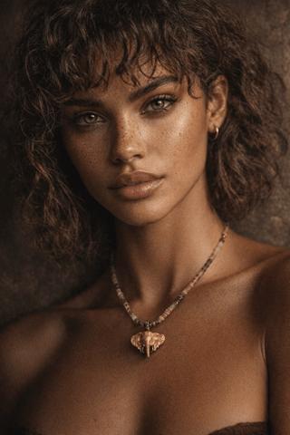 Woman wearing a necklace with a large pendant against a brown background