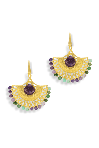 Amethyst & Multi-Stone Gold Lotus Earrings – handcrafted Italian jewellery by Amanda Marcucci, Florence.
