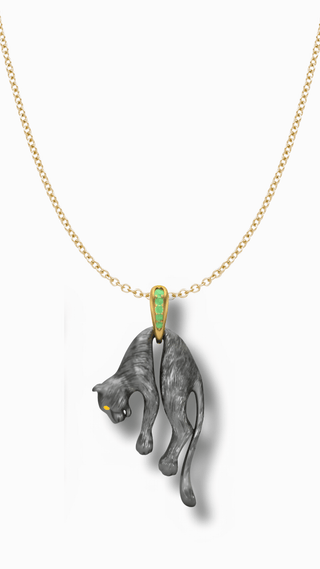 Black Panther Pendant – Tourmaline & Yellow Sapphire Eyes – handcrafted Italian jewellery by Amanda Marcucci, Florence.