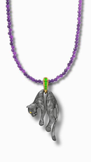 Black Panther Pendant – Tourmaline & Yellow Sapphire Eyes – handcrafted Italian jewellery by Amanda Marcucci, Florence.