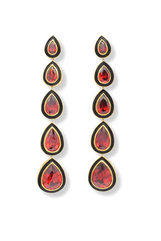 Pair of red teardrop earrings with black accents on a white background