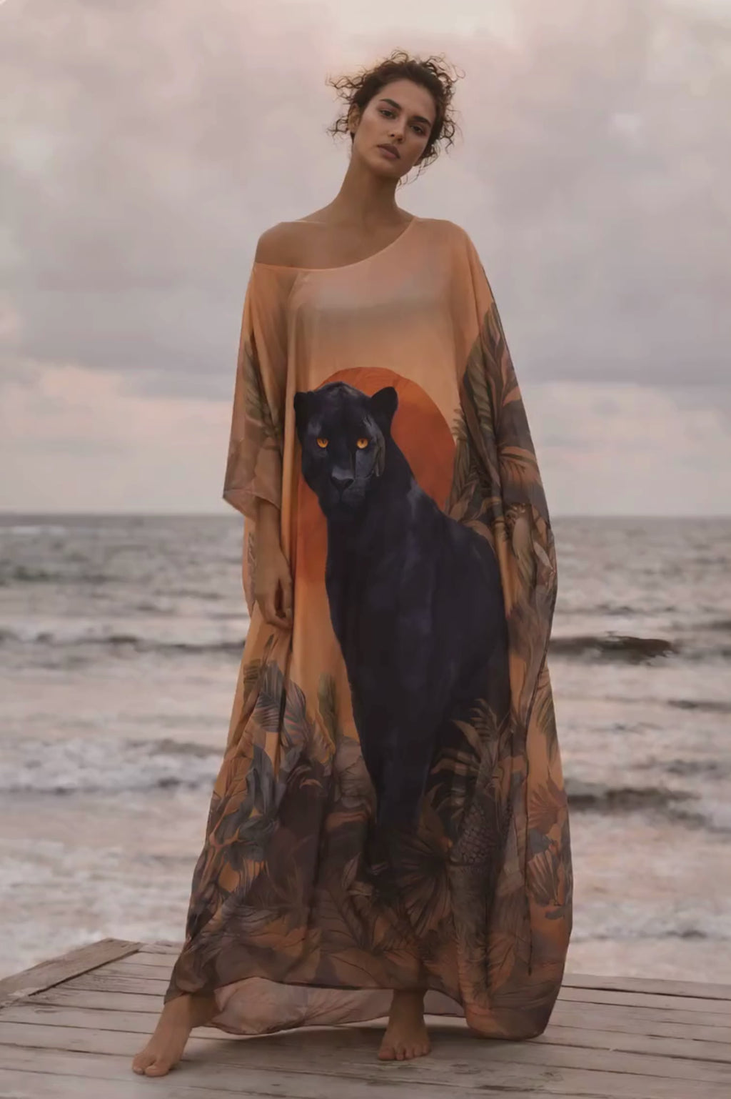 Luxury black panther print kaftan beach cover up and resort wear made in Italy