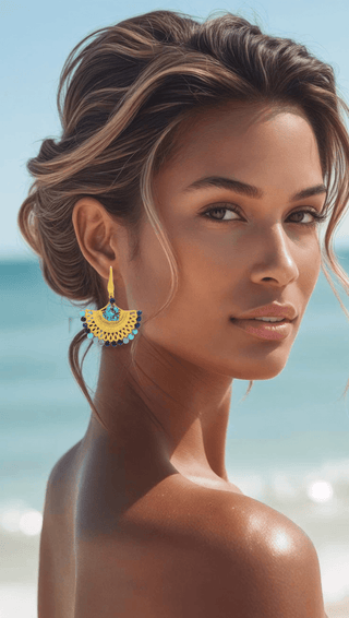 Turquoise & Lapis Gold Fan Earrings – handcrafted Italian jewellery by Amanda Marcucci, Florence.