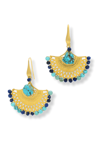 Turquoise & Lapis Gold Fan Earrings – handcrafted Italian jewellery by Amanda Marcucci, Florence.